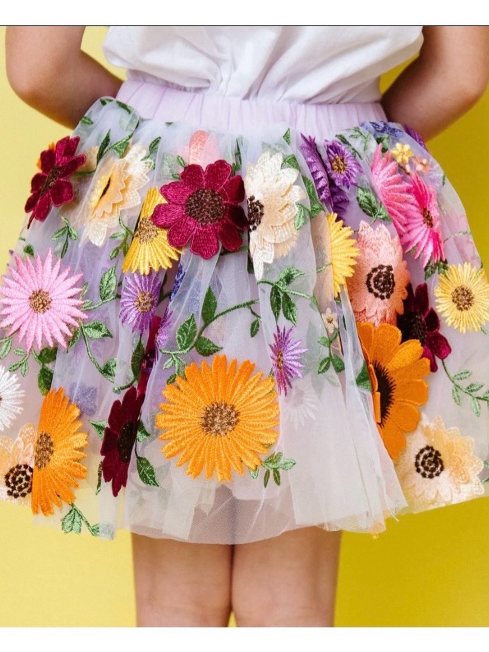 The Wishing Elephant Lilac Floral Embroidered Tulle Skirt - Multicolor